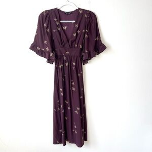 Vintage Betsey Johnson Plum Butterfly Print Ruffle Silk Midi Dress